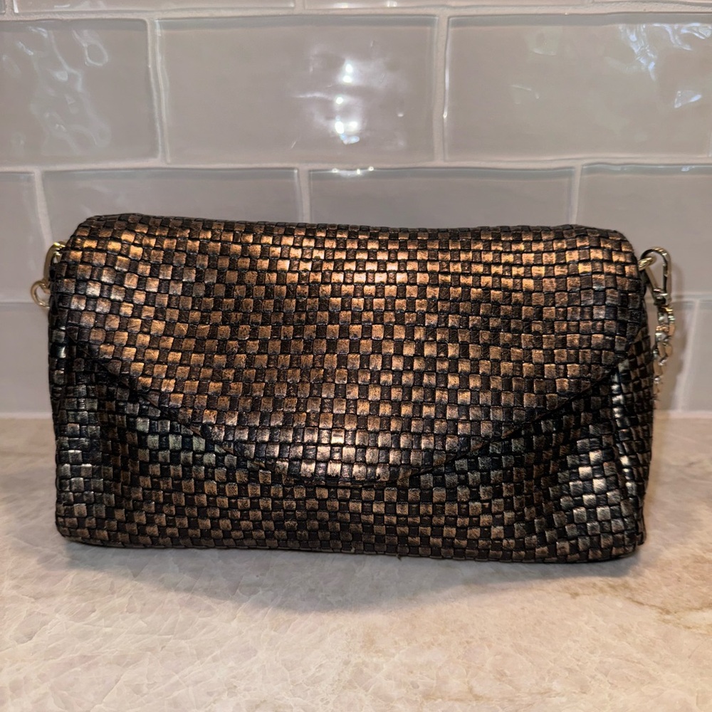 Rare Cole Haan leather Bethany Weave Clutch Shoulder Bag Bronze